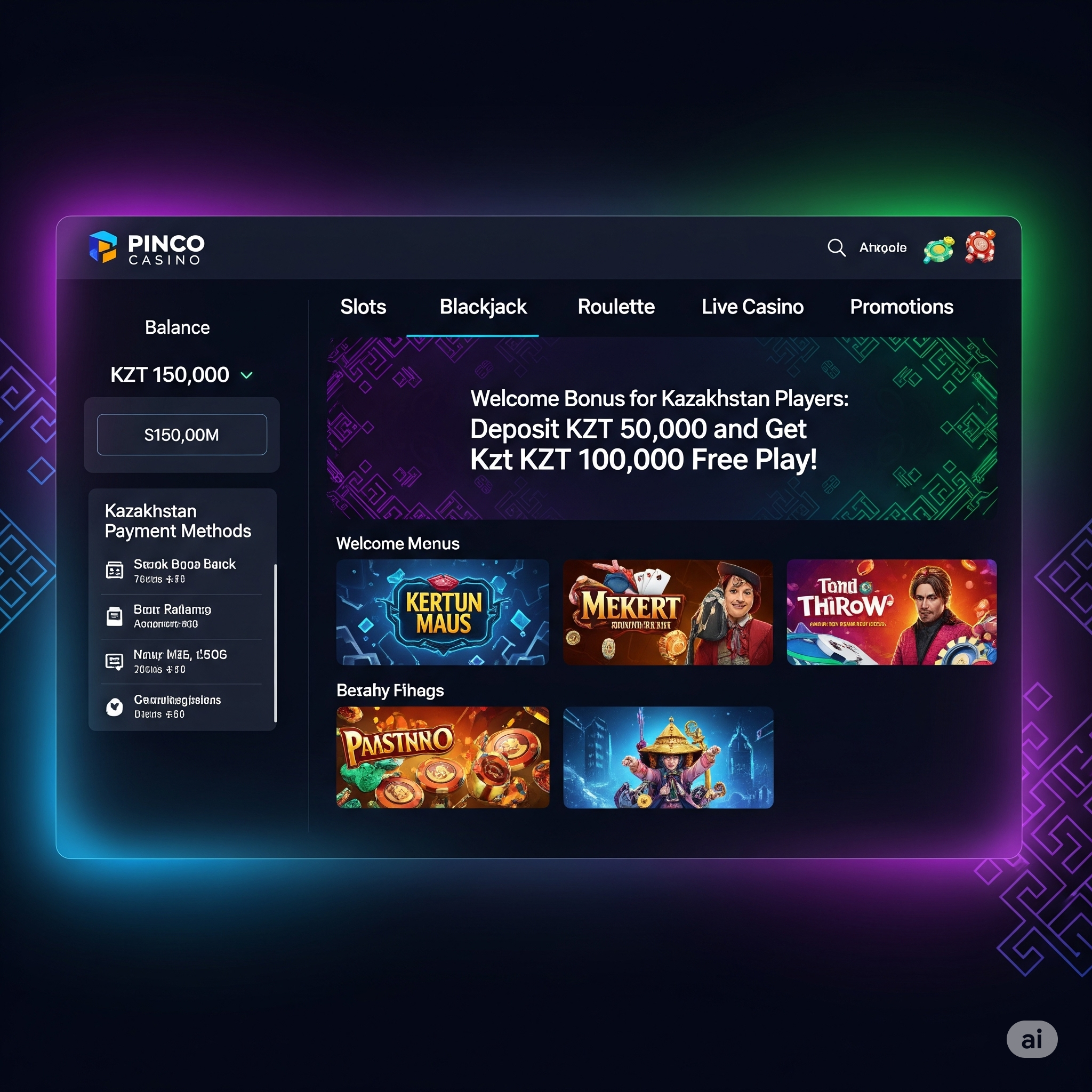 Интерфейс Pinco Casino для игроков из Казахстана